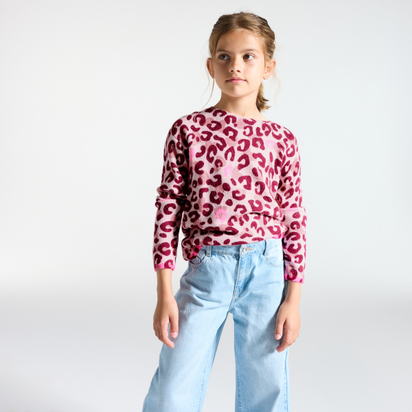 بلوفر مطبوع عليه صورة فهد، وردي اللون، للفتيات